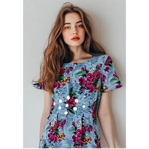 90s Cottagecore Floral Dress Size Medium 8 Blue Caroline Wells Rayon Zip EUC